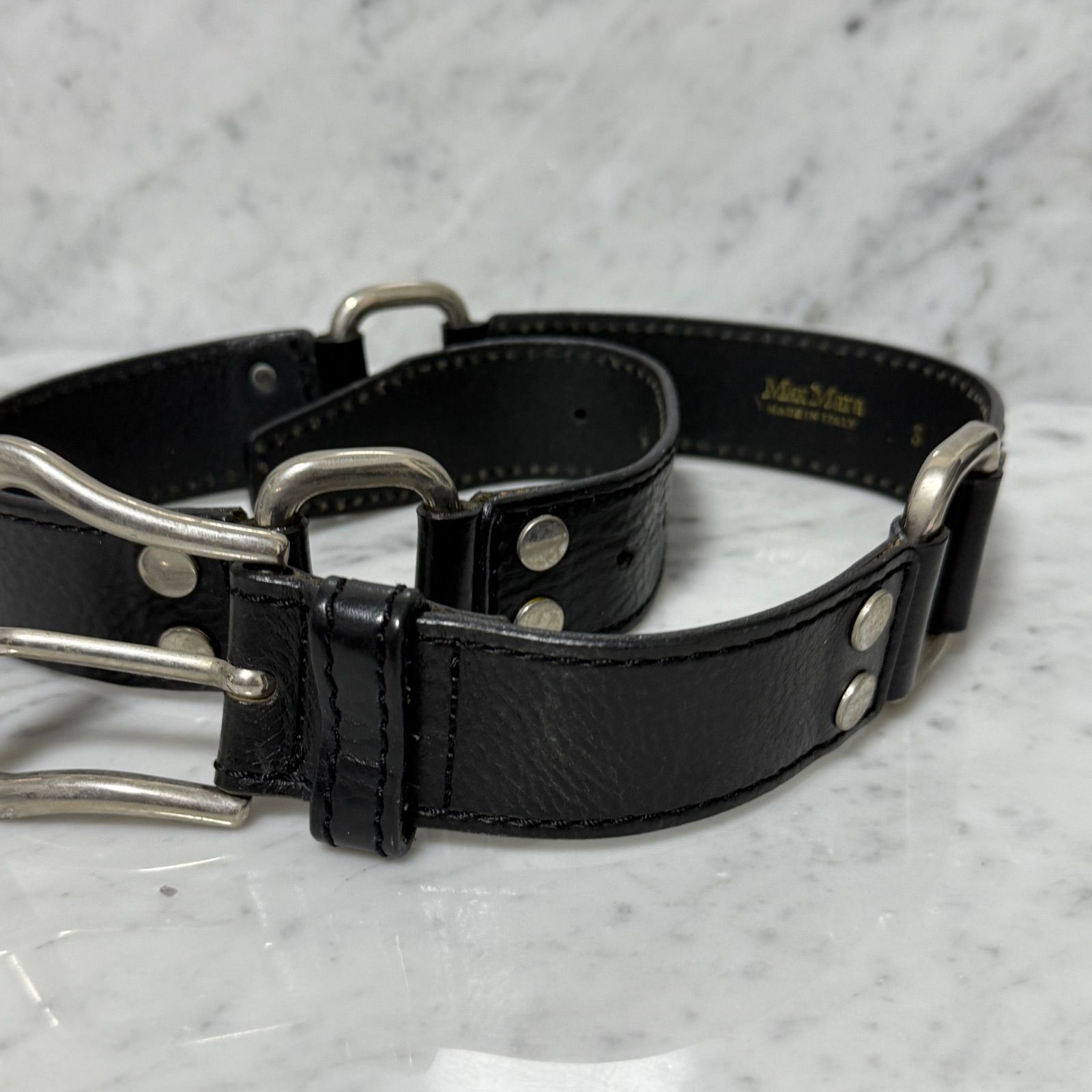 美品 MaxMara マックスマーラ ベルト 本革 レザー ブラック 黒 銀