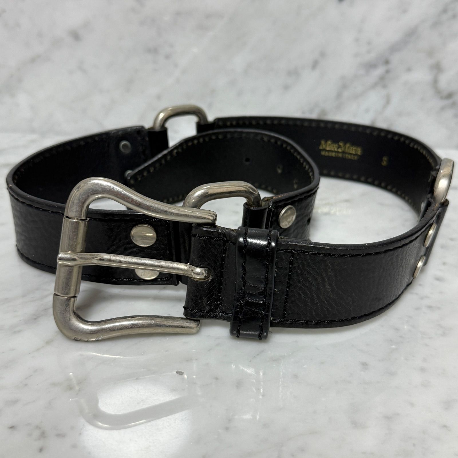 美品 MaxMara マックスマーラ ベルト 本革 レザー ブラック 黒 銀
