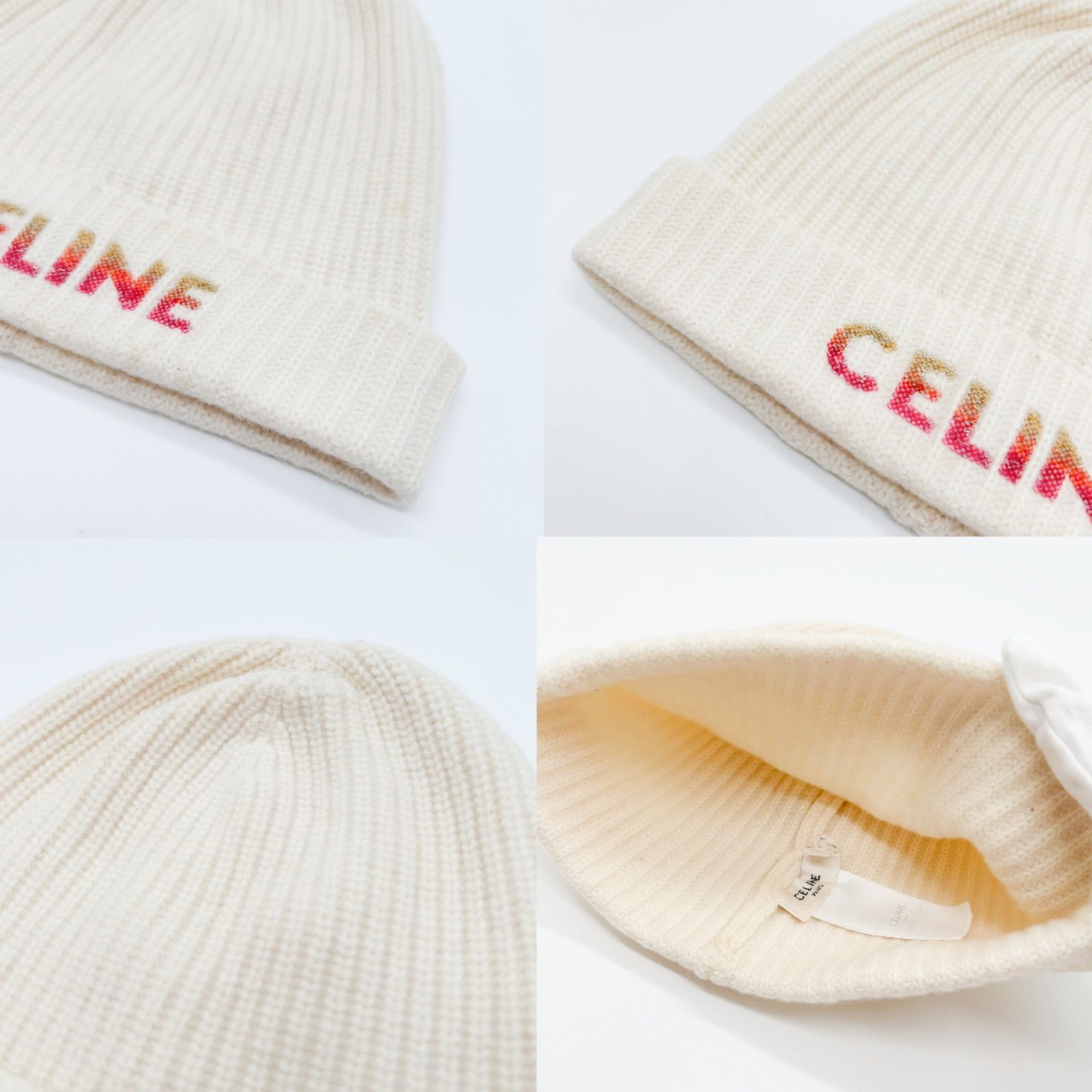 CELINE セリーヌ ニット帽 ウール ロゴ スパンコール アイボリー TU