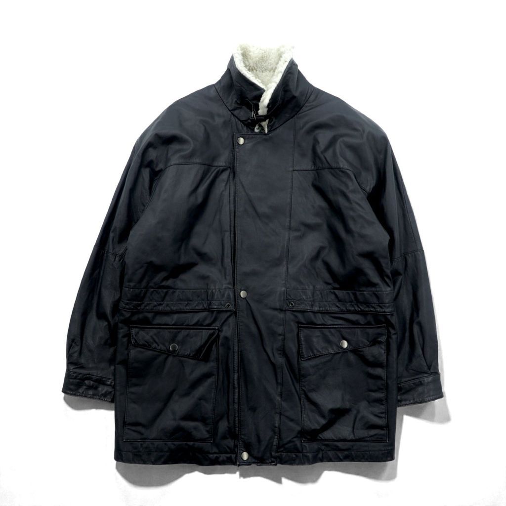 CLUB FELLOW 90年代 ヴィンテージ 襟ボア 中綿 レザーコート XL ブラック キルティングライナー 比翼 ジップアップ Marshall Fields