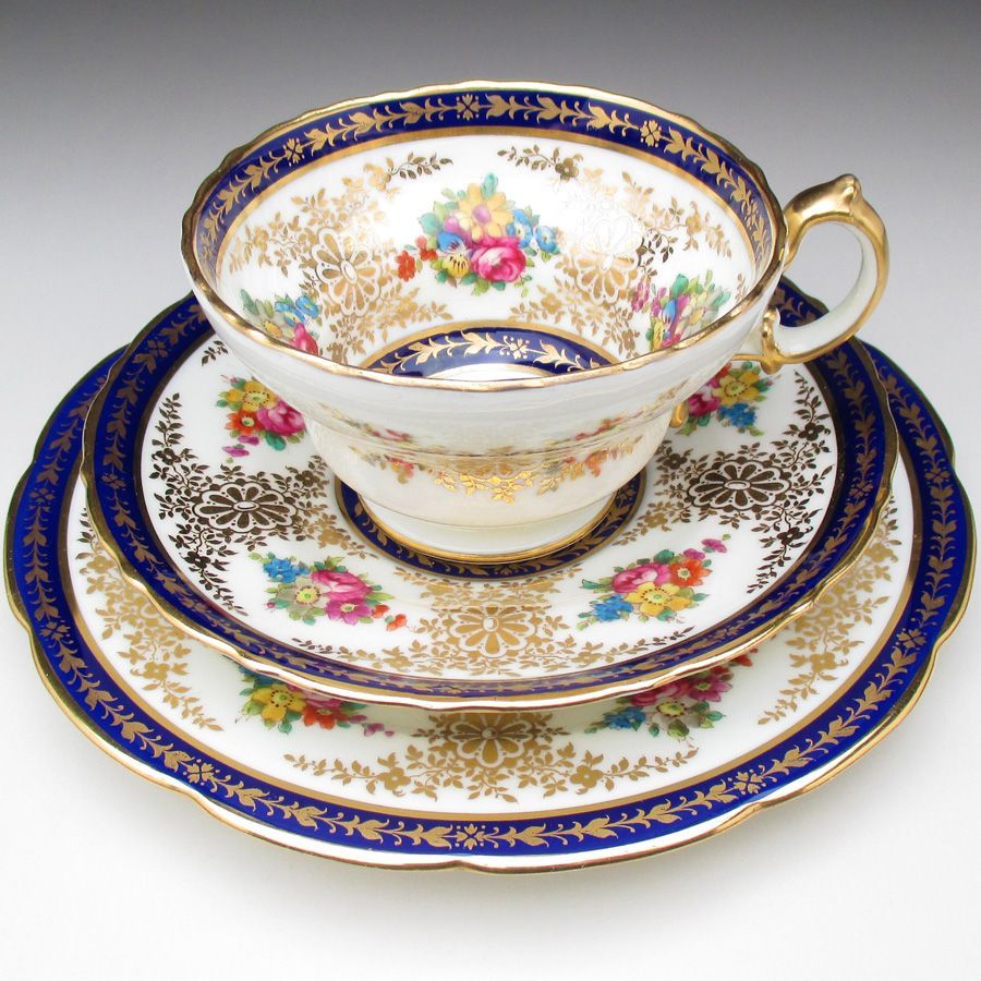 コウルドン 藍縁金彩花絵 トリオ カップ＆ソーサー＆プレート アンティーク 1905年 f