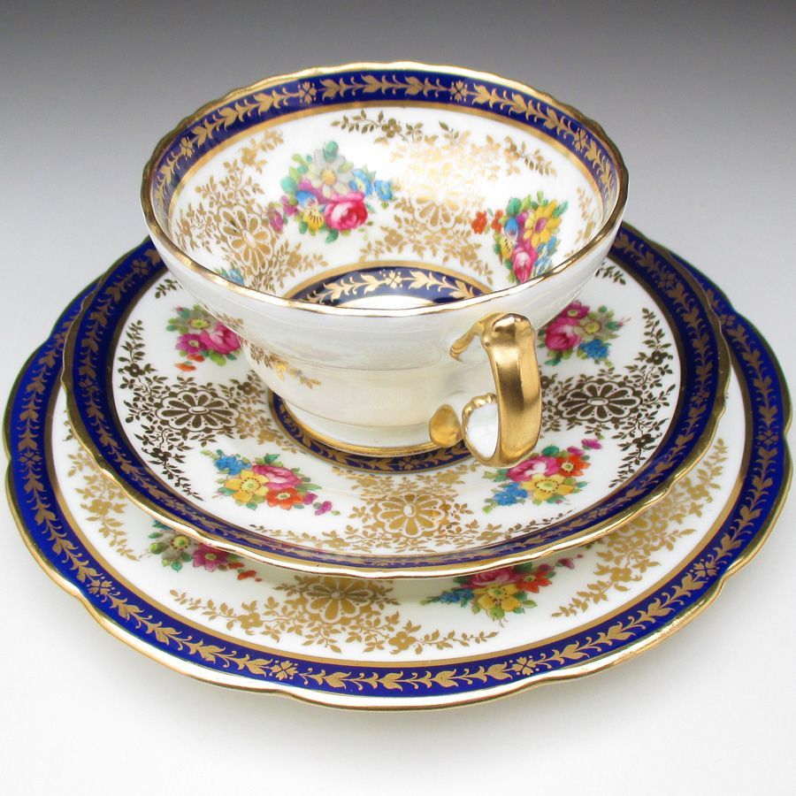 コウルドン 藍縁金彩花絵 トリオ カップ＆ソーサー＆プレート アンティーク 1905年 f