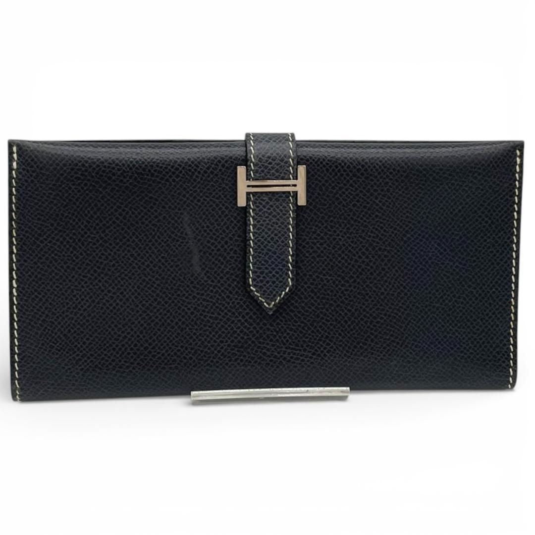 エルメス HERMES 二つ折り長財布 ベアン ヴォーエプソン シルバー金具 ネイビー