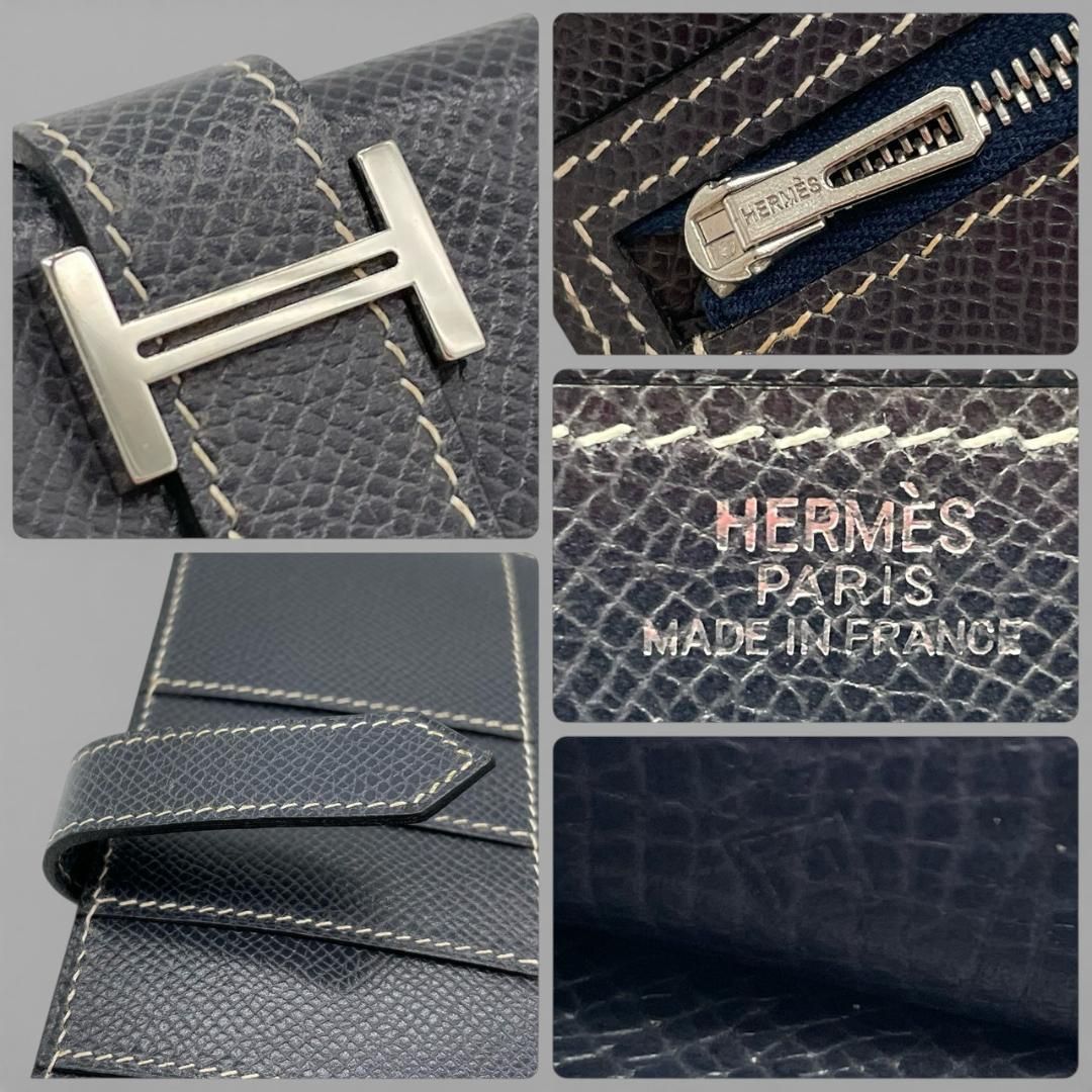  エルメス HERMES 二つ折り長財布 ベアン ヴォーエプソン シルバー金具 ネイビー 長財布 小物