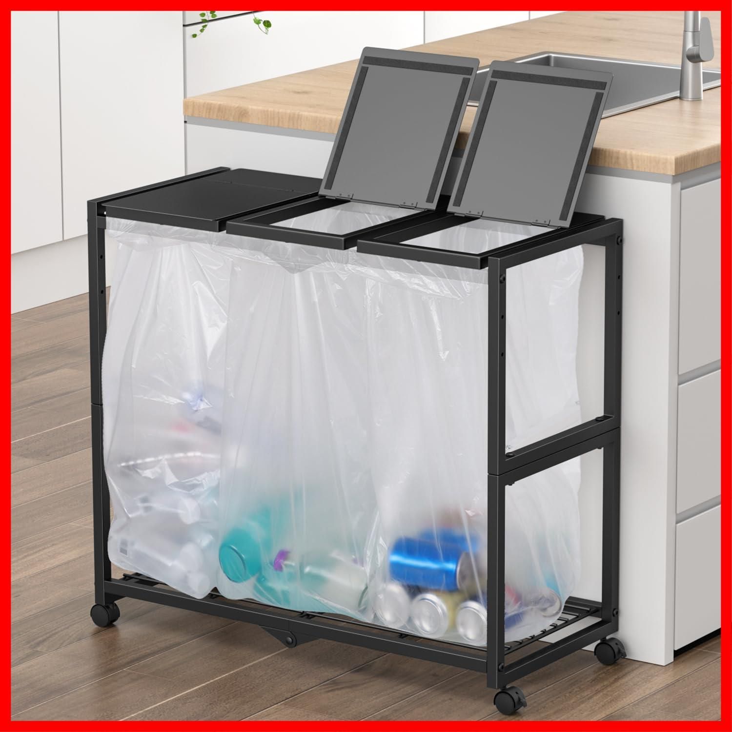 ダストワゴン ゴミ箱ホルダー ブラック オフィス リビング 台所 キッチン 縦開き スタンド ゴミ袋 10 L～55 L袋対応 大容量 3連 スリム おしゃれ ふた付き 分別ゴミ箱 キャスター付き ダストボックス 3分別 45 L ゴミ袋ホルダー 分別