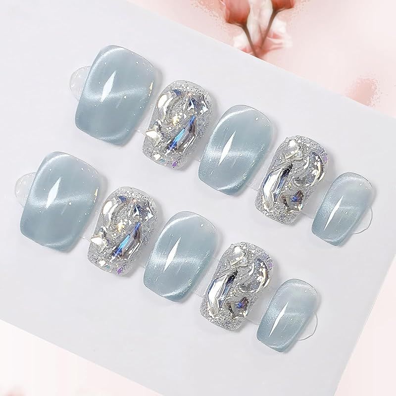 Chisafly ネイルチップ ショート 短め つけ爪 100%ハンドメイド 青 夏