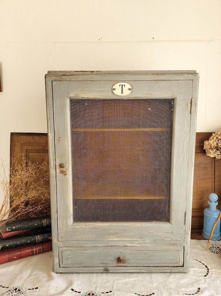 フランス アンティーク 木製 ペイント 網 ディスプレイ キャビネット