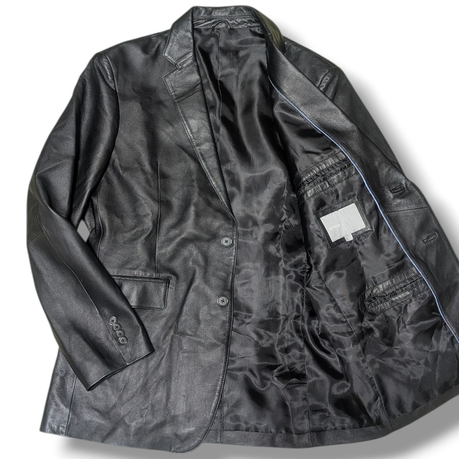 Licorice リコリス テーラードジャケット ラムレザー 羊革 本革 パイピング Lサイズ ブラック 黒 アウター メンズ