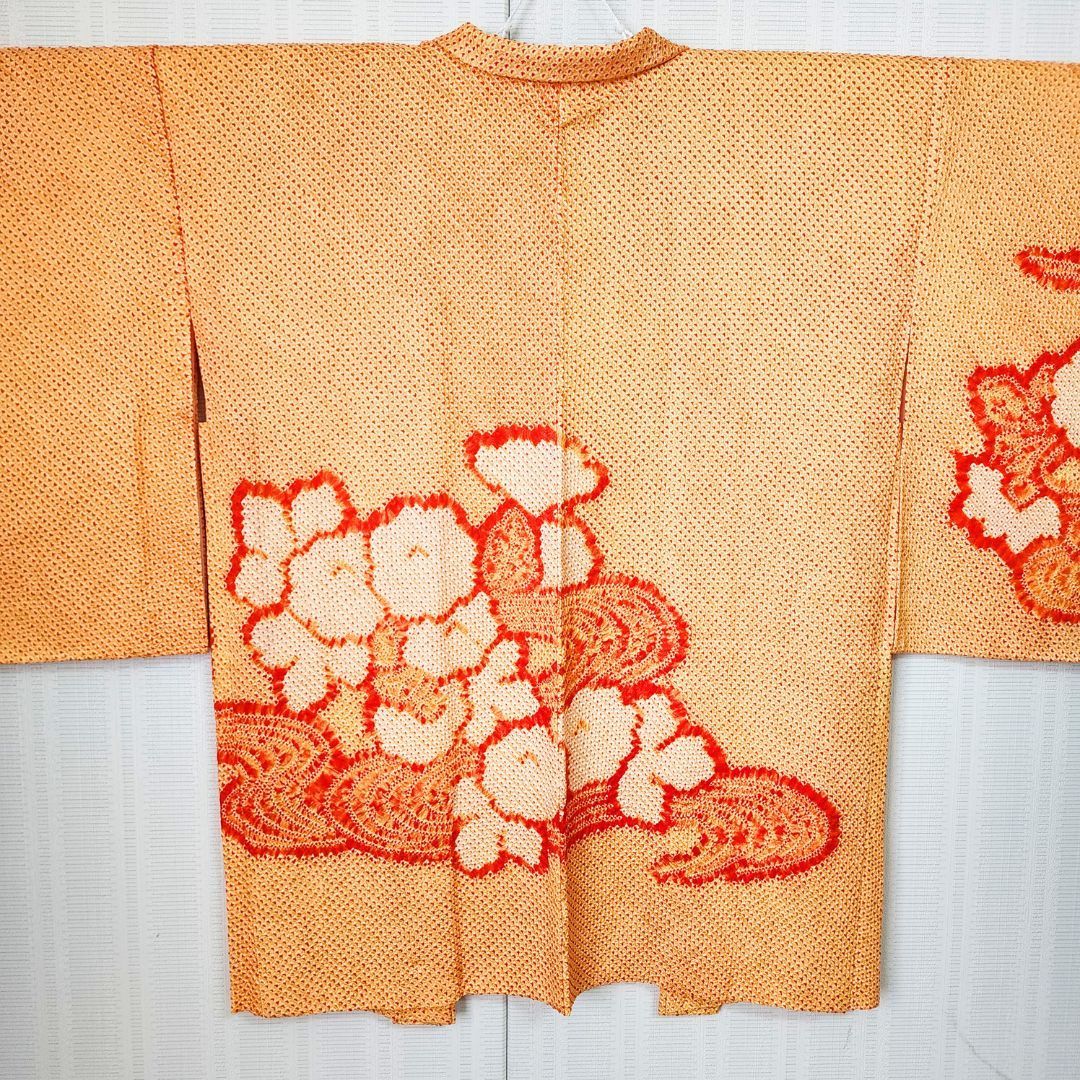 美品 総絞り 羽織 羽織紐付き オレンジ 花柄 身丈83cm 裄65cm 正絹
