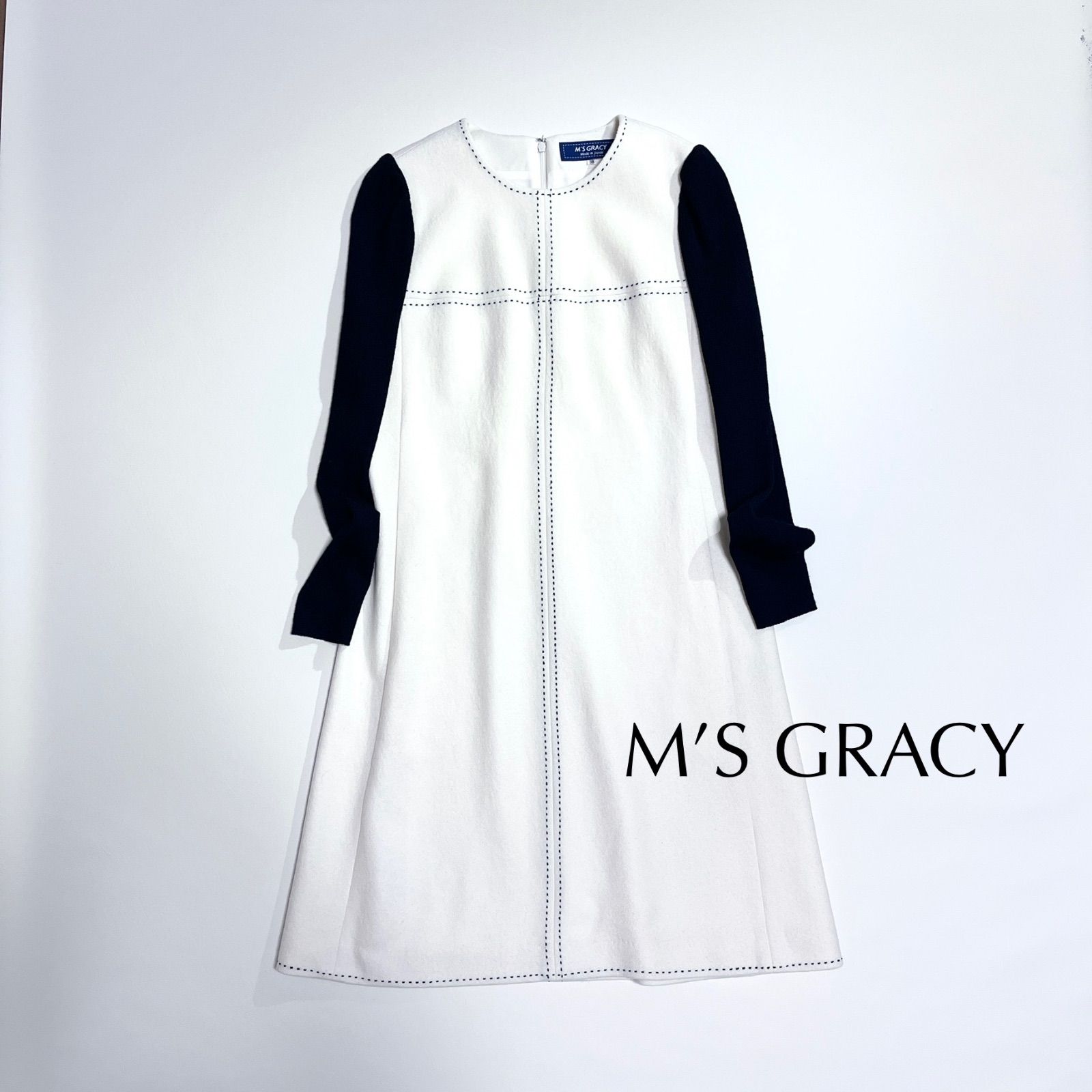 新品エムズグレイシー 38 ホワイト 前開きワンピース M'S GRACY cZ36 M'S GRACY ステッチ ワンピース ウール 毛 ロングワンピース A