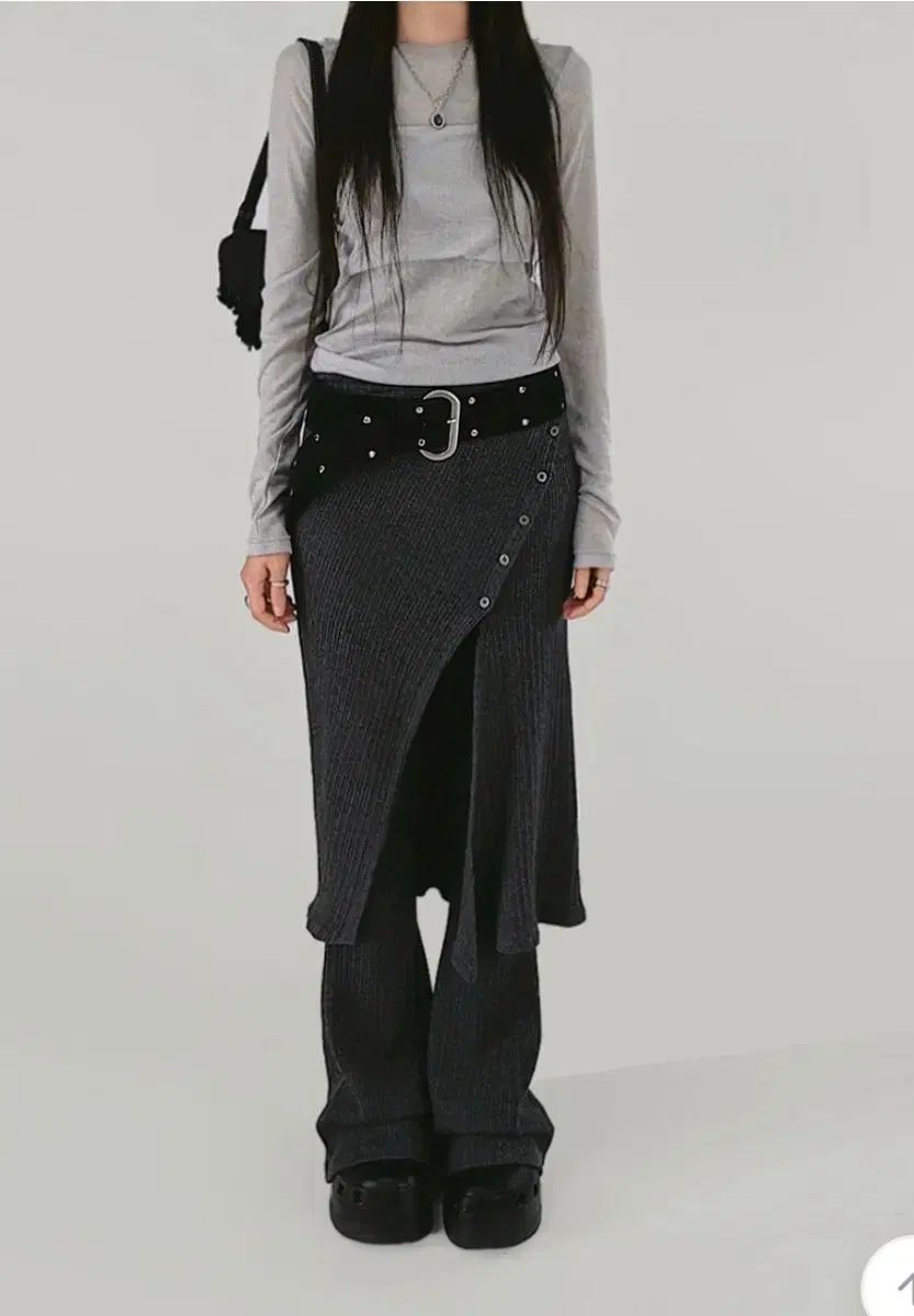 シックONE ニット ラップスカート ブーツカットパンツ レイヤードセット