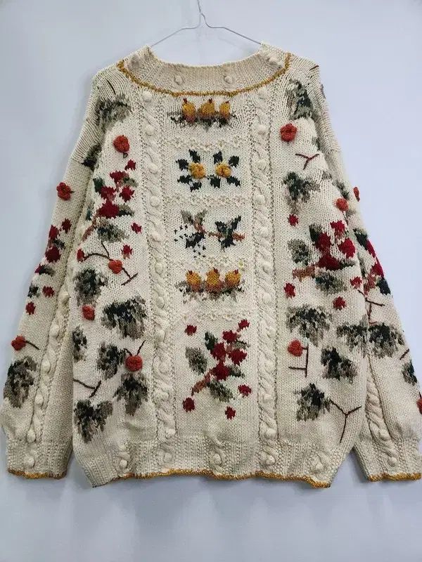 ヴィンテージ 森ガール はぐみ ハンドメイド フラワー ウール100 ニット