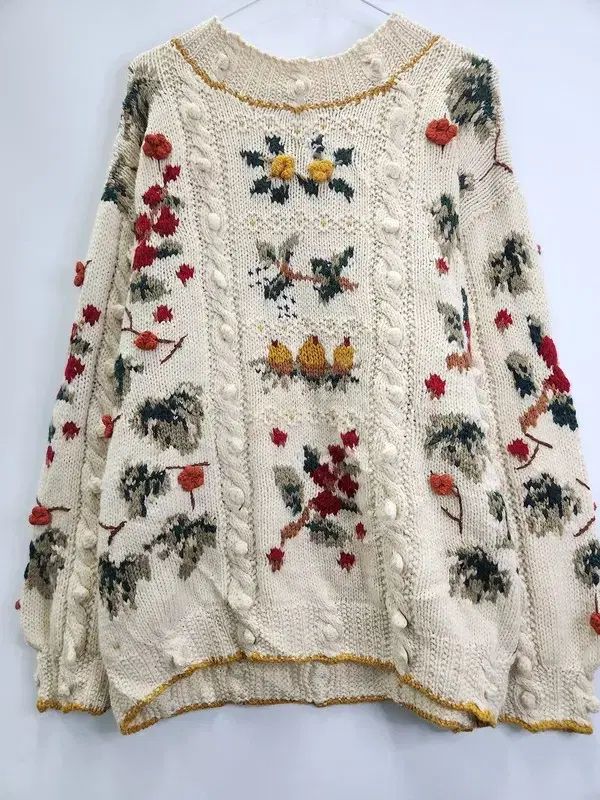 ヴィンテージ 森ガール はぐみ ハンドメイド フラワー ウール100 ニット