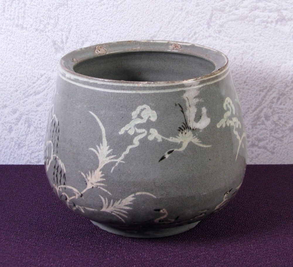 人気作家 小林東五作 高麗写水指 雲鶴象嵌 漆蓋付 幅：16cm 共箱 二