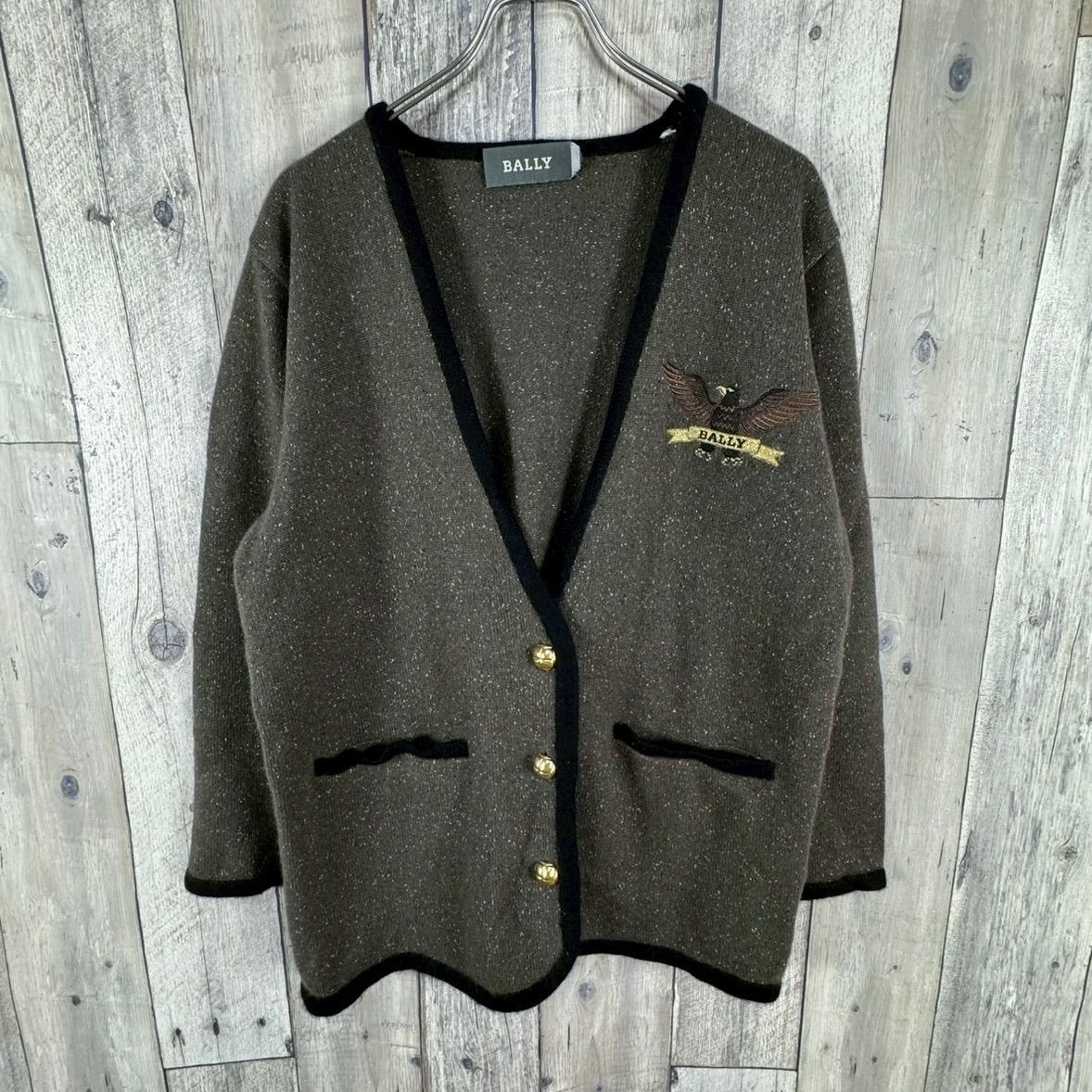 OLD BALLY 90 s バリー ゴールドボタン ダークブラウン カシミヤ ニット カーディガン レディース M サイズ 001