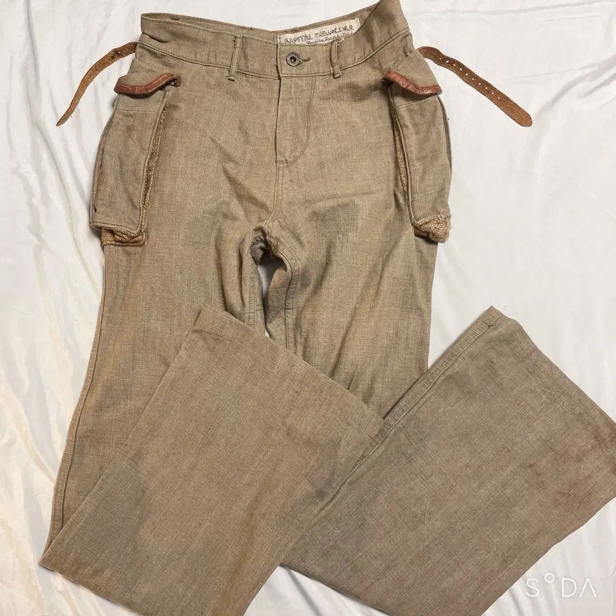 キャピタル ベージュ リネン ベルト ワイド パンツ