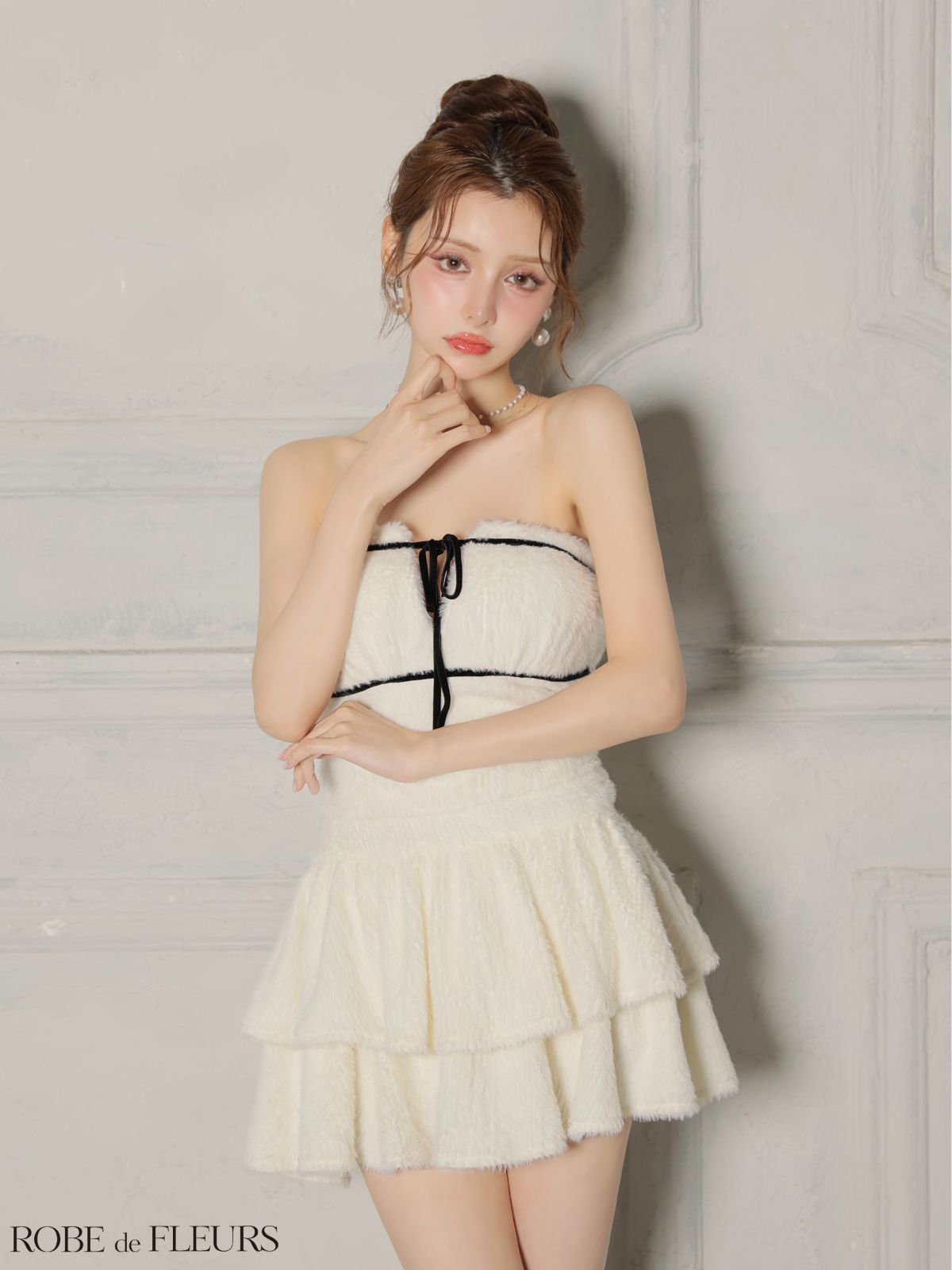 アイボリー fm 4600 ROBE de FLEURS ローブドフルール ふわふわ シャギーニット バストリボン ベア ティアード フ セットアップ ミニドレス キャバドレス ワンピース ドレス