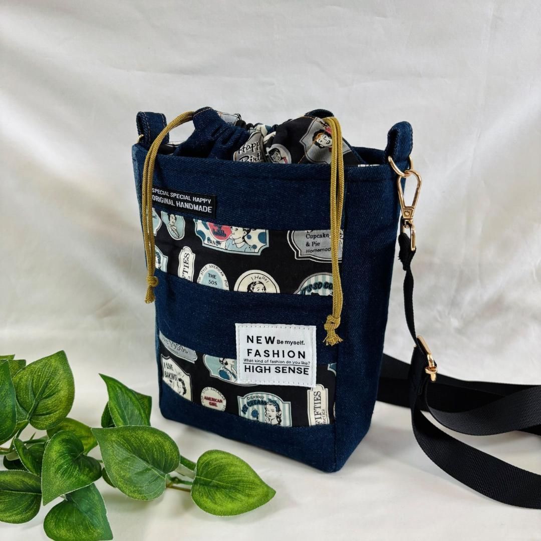 巾着付きショルダーバッグ デニムリメイク ハンドメイド アメリカン