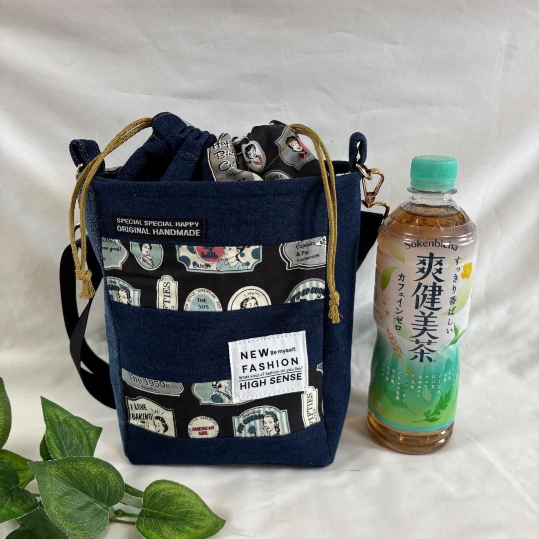 巾着付きショルダーバッグ デニムリメイク ハンドメイド アメリカン