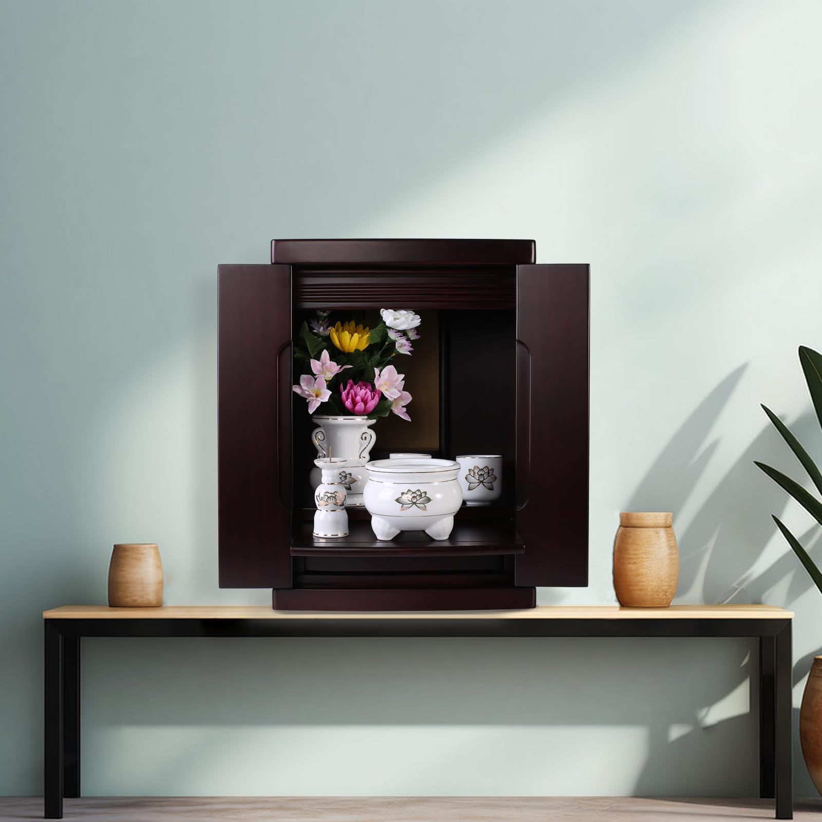 数量 モダン おしゃれ 家具調 紫檀色 ミニ 小型仏壇 高さ45 cm 奥行き25 幅32 さらに軽量 新15号 LED照明付 天然桐材 ミニ仏壇