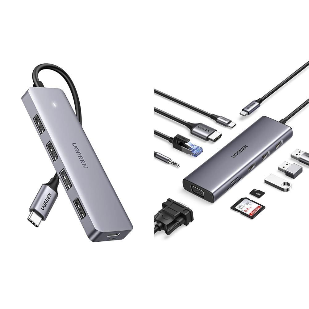 セット品 UGREEN USB-Cハブ 4ポート USB 3.0 拡張 10-in-1 C ハブ 4 K HDMI- VGA出力 イーサネット 3.5 mmオーディオポート付き SD MicroSDカードリーダー搭載 ドッキングステーション