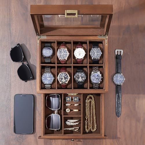 8スロットウォッチボックスケース 男性用木製腕時計ケース 引き出しと2層ディスプレイ付き8スロット腕時計ホルダーオーガナイザー