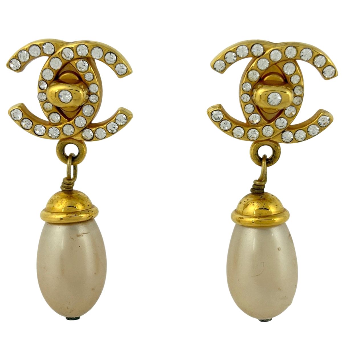 美品 イヤリング ココマーク ロゴ フェイクパール ラインストーン ゴールドカ シャネル CHANEL ココマーク ラインストーン イヤリング ターンロック