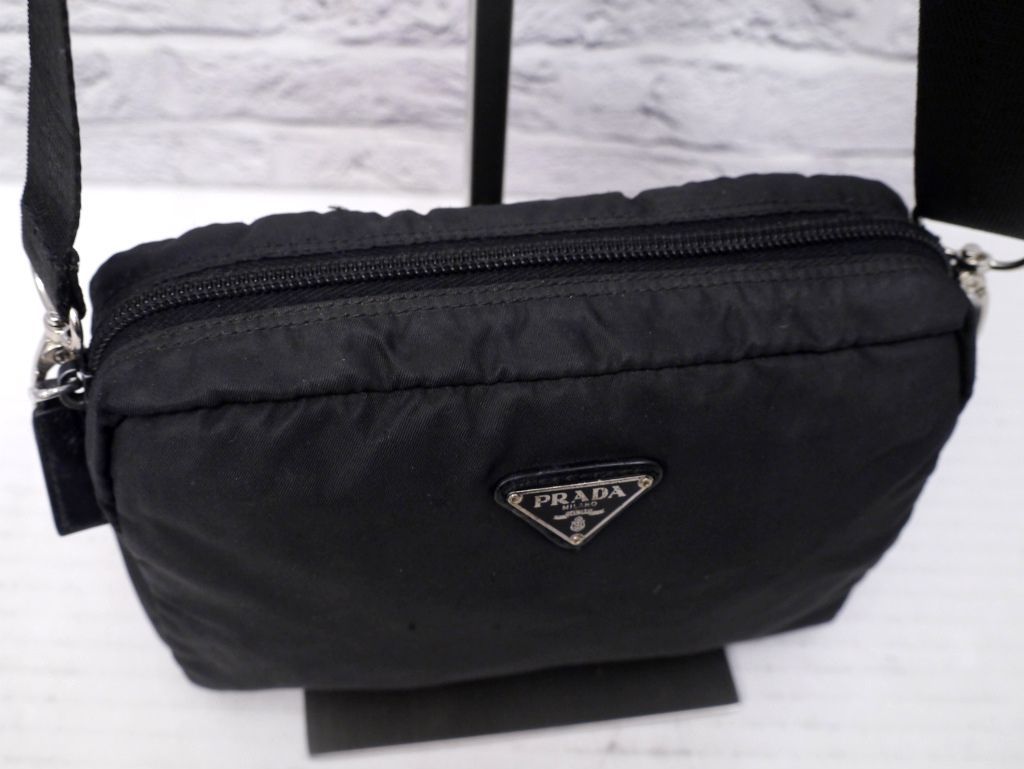 ◆ PRADA プラダ CANAPA ショルダー カメラ バッグ ポーチ 黒 ◆ 美品◇ PRADA プラダ ユニセックス ナイロンxレザー クロスボディ