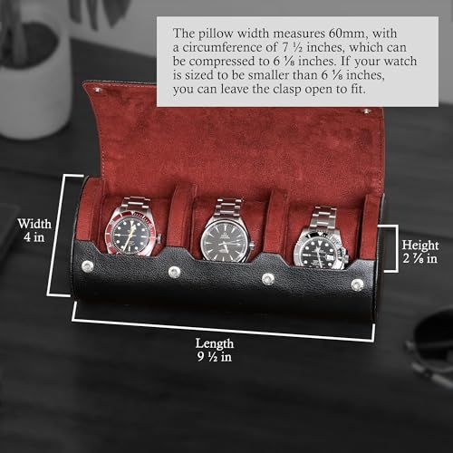 腕時計ロール トラベルケース 腕時計3本用 タフなポータブル保護 50 mmまでのすべての腕時計とスマートウォッチに対応 ブラック レッド