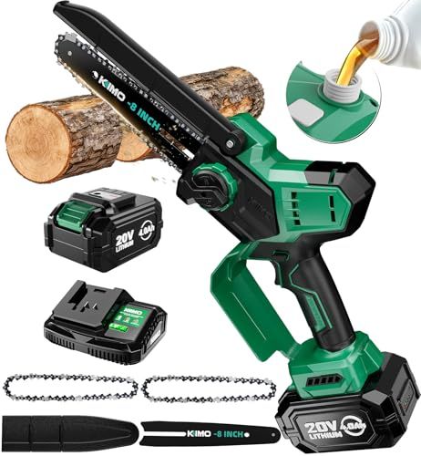 8インチ 4000 mAh大容量バッテリー KIMO 充電式チェーンソー 電動 小型 チェンソー ブラシレスモーター 4.0 Ahバッテリー 急速充電器 付き残量表示 自動給油 ハンディチェーンソー 充電式 交換は工具不要 安全ロック片手操作 超軽