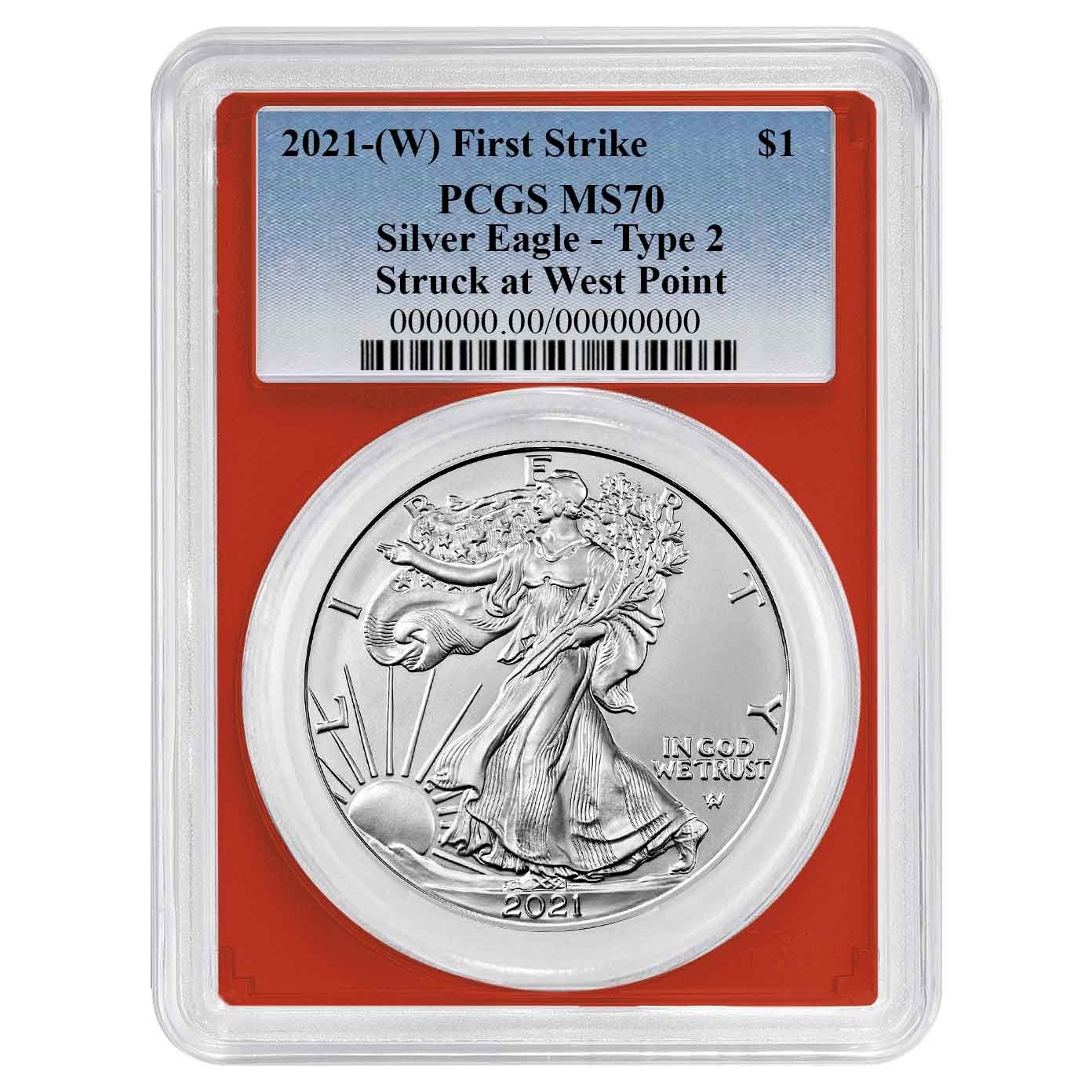2021 W 1 Type 2 American Silver Eagle PCGS MS 70 FS Blue Label Red Frame