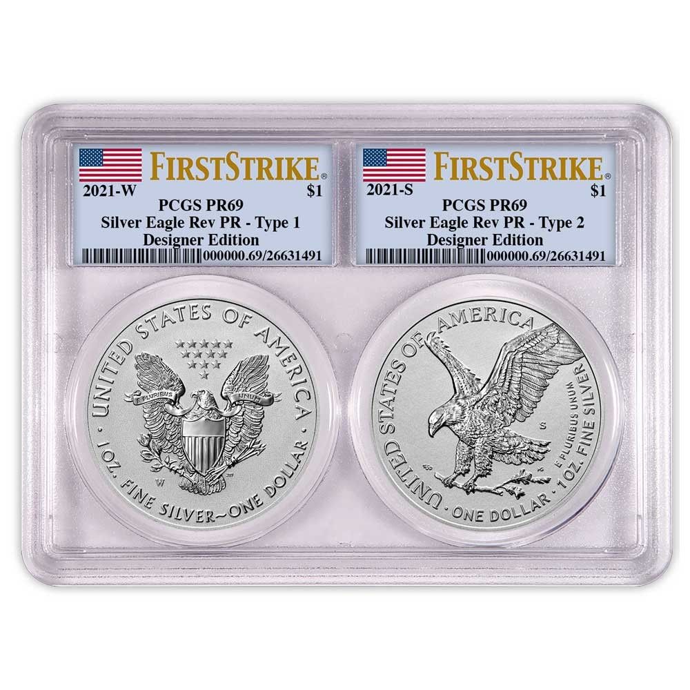 2021 Reverse Proof 1 American Silver Eagle Designer 2 pc Set PCGS PR 69 FS Flag