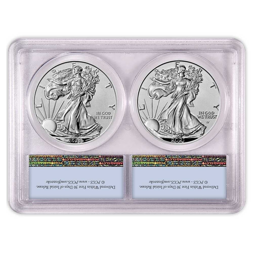 2021 Reverse Proof 1 American Silver Eagle Designer 2 pc Set PCGS PR 69 FS Flag