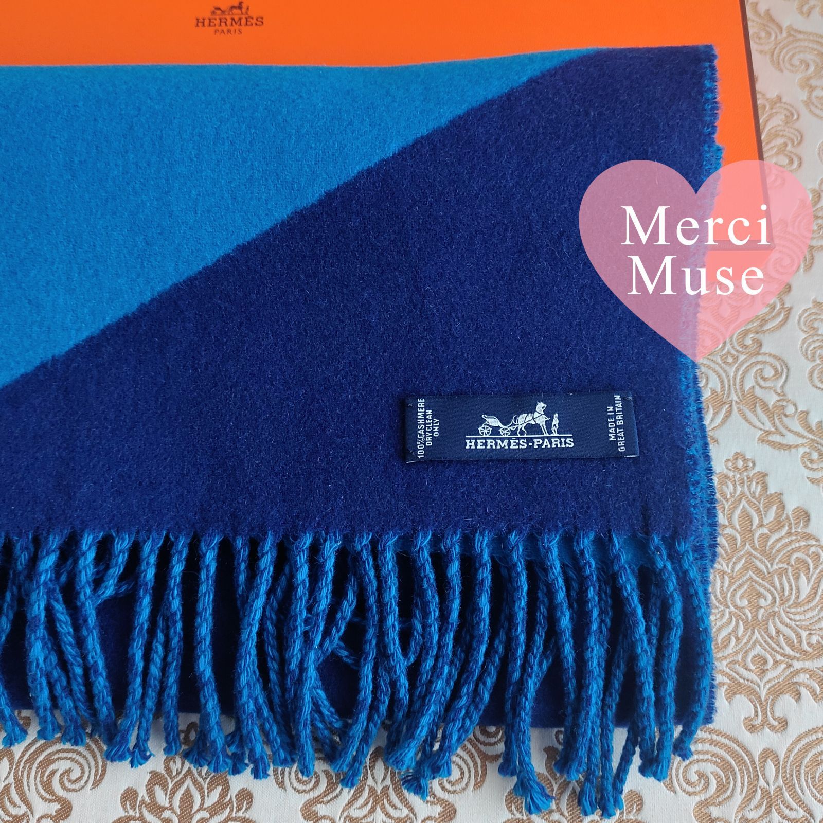 エルメスメンズマフラーネイビー クリーニング済み ❤お得なお品❤クリーニング済 カシミヤマフラー コンビブルーx