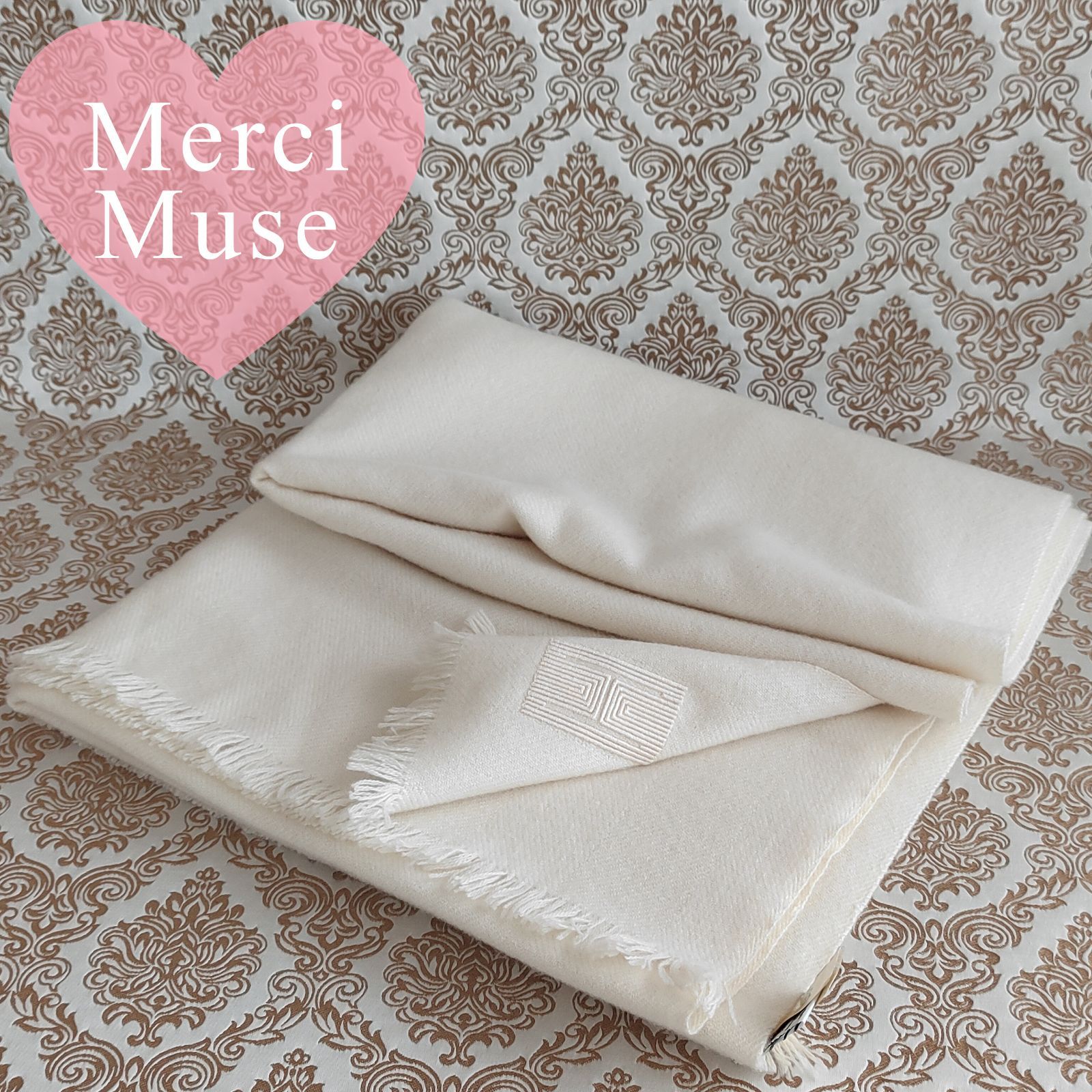 ❤未使用品❤H刺繍カシミヤマフラー大判 ショール アイボリー エルメス