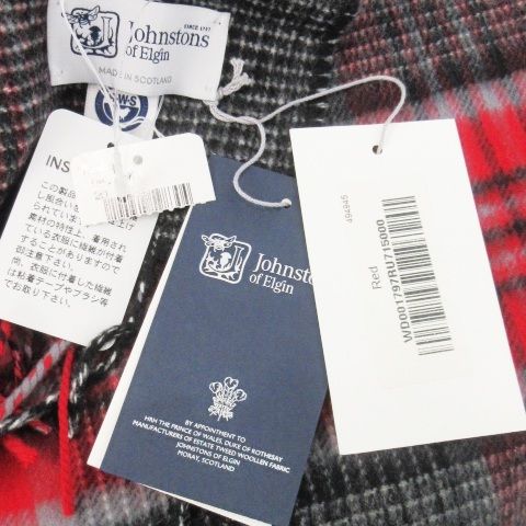 【中古】未使用品 ジョンストンズオブエルガン Johnstons of Elgin マフラー フリンジ ウール チェック グレー 赤 ジョンストンズオブエルガン Johnstons of Elgin マフラー フリンジ