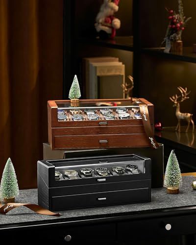 腕時計ケース 木製 6本用 2段式ウォッチボックス 男性向けジュエリーオーガナイザー ディスプレイ収納ケース ガラス蓋付き