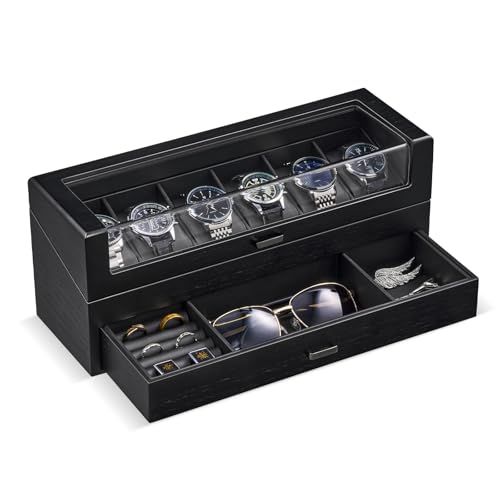腕時計ケース 木製 6本用 2段式ウォッチボックス 男性向けジュエリーオーガナイザー ディスプレイ収納ケース ガラス蓋付き