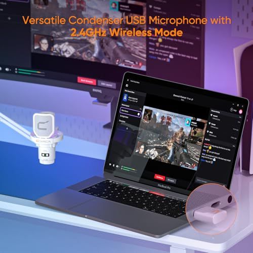 COMICA 革新登場 ワイヤレスUSBコンデンサーマイク ゲーミングマイク マイクセット ブームアーム付き 単一指向性 RGBライティング ノイズ軽減 ワンタッチミュート web配信 テレワーク ポットキャスト コンテンツクリエーター ストリーミン