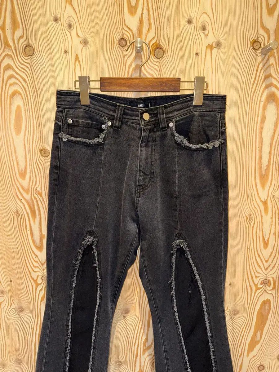 下 ハ レ フロント カットオフ ブーツカット デニム パンツ