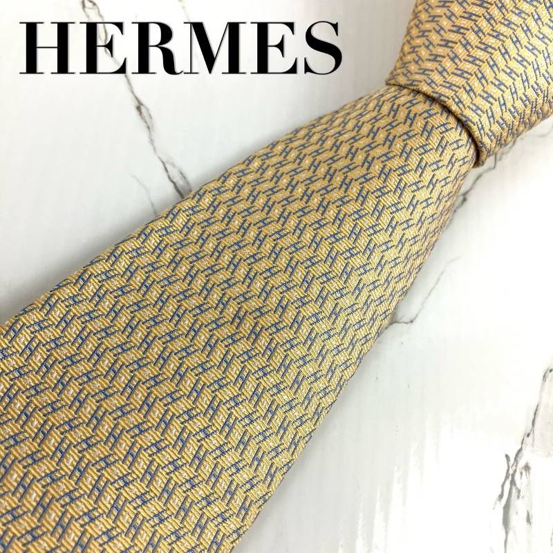HERMES エルメス ネクタイ H柄 H織 ジャガード 光沢 肉厚 イエロー