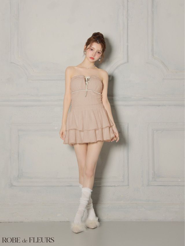  ピンク fm 4600 ROBE de FLEURS ローブドフルール ふわふわ シャギーニット バストリボン ベア ティアード フ セットアップ ミニドレス キャバドレス ワンピース ドレス ブリエ ナイトドレス キャバドレス ドレス ブライダル