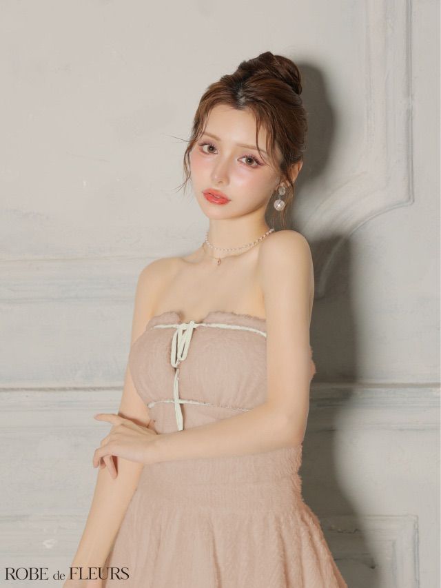 ピンク fm 4600 ROBE de FLEURS ローブドフルール ふわふわ シャギーニット バストリボン ベア ティアード フ セットアップ ミニドレス キャバドレス ワンピース ドレス ブリエ
