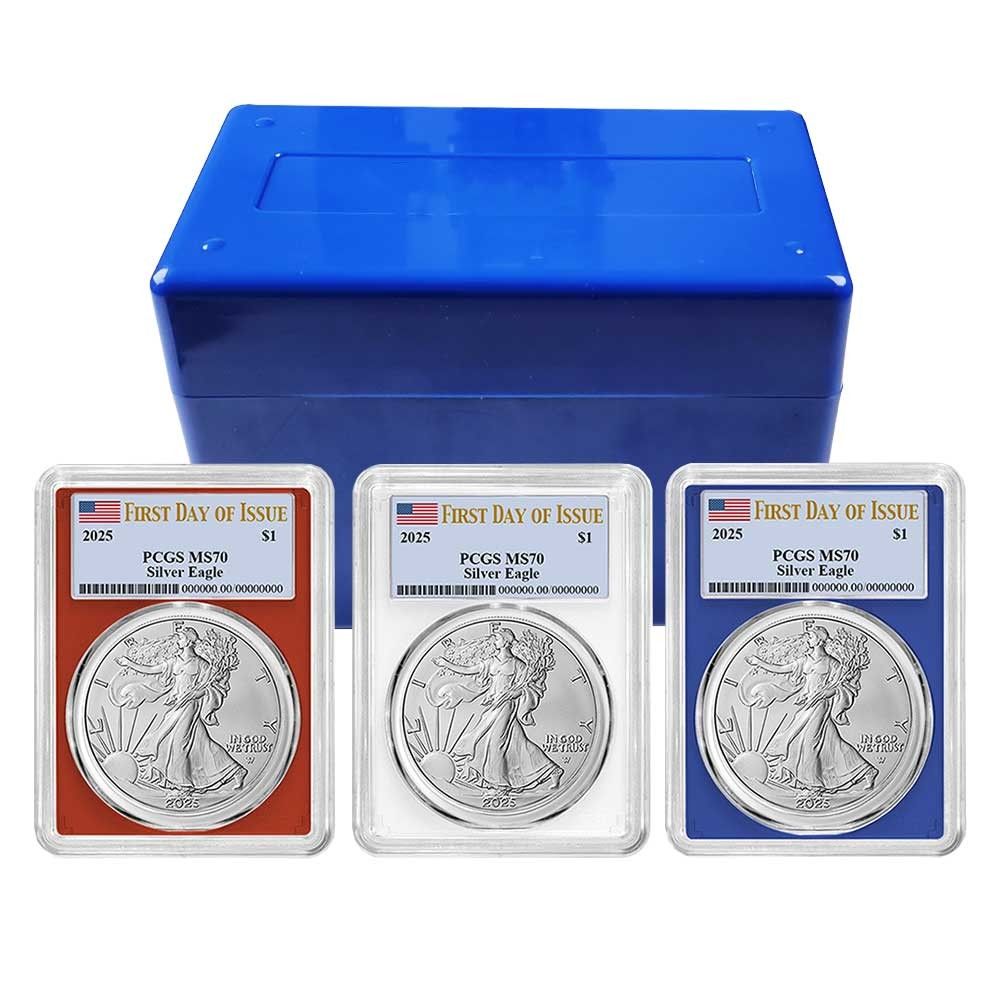 2025 1 American Silver Eagle 3 pc Set PCGS MS 70 FDOI Flag Label Red White Blue