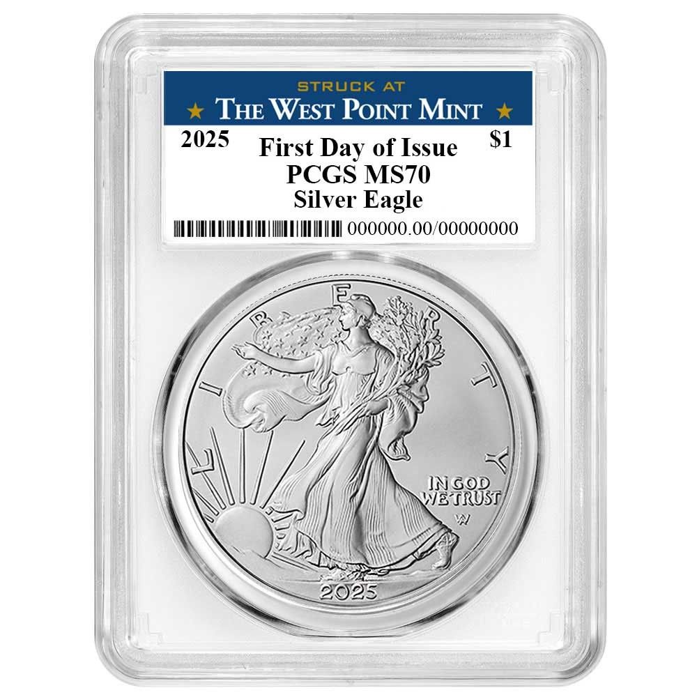 2025 1 American Silver Eagle PCGS MS 70 FDOI West Point Label White Frame