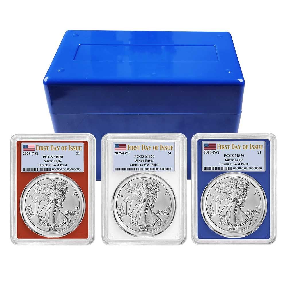 2025 W 1 American Silver Eagle 3 pc Set PCGS MS 70 FDOI Blue Label Red White