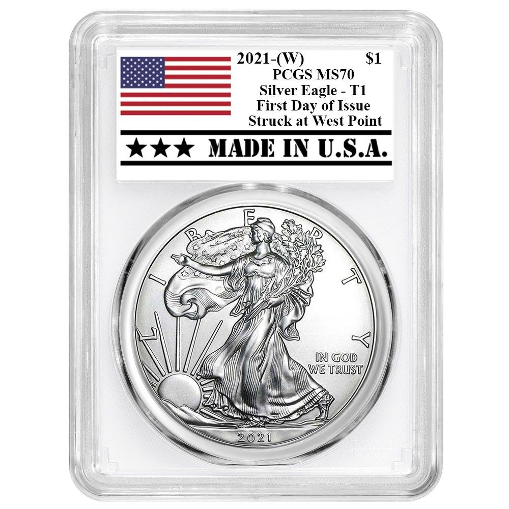 2021 W 1 Type American Silver Eagle PCGS MS 70 FDOI Made in A Label White