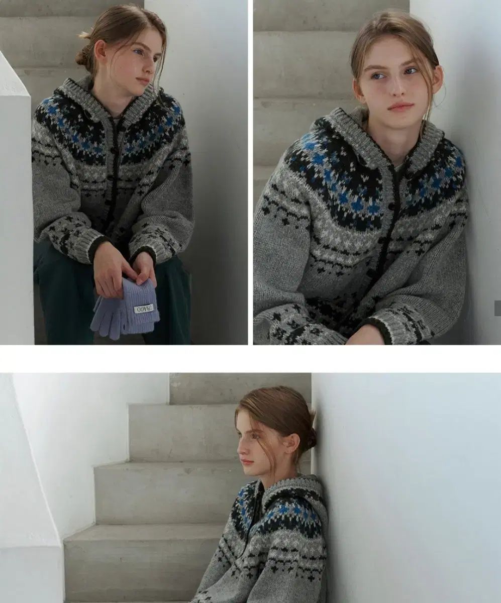 URAGO ジャカード WHO フード カーディガン グレー