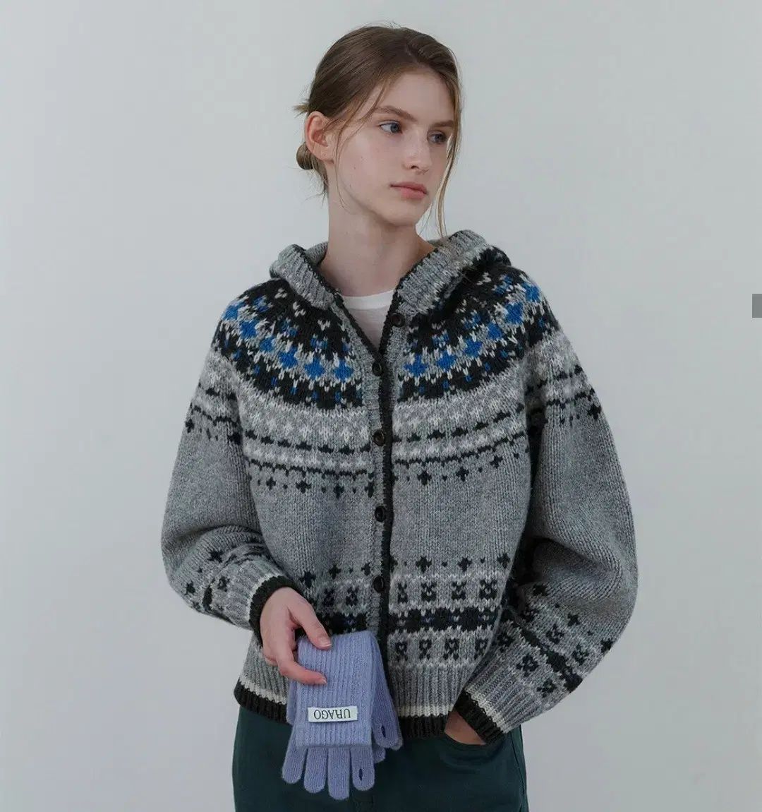 URAGO ジャカード WHO フード カーディガン グレー