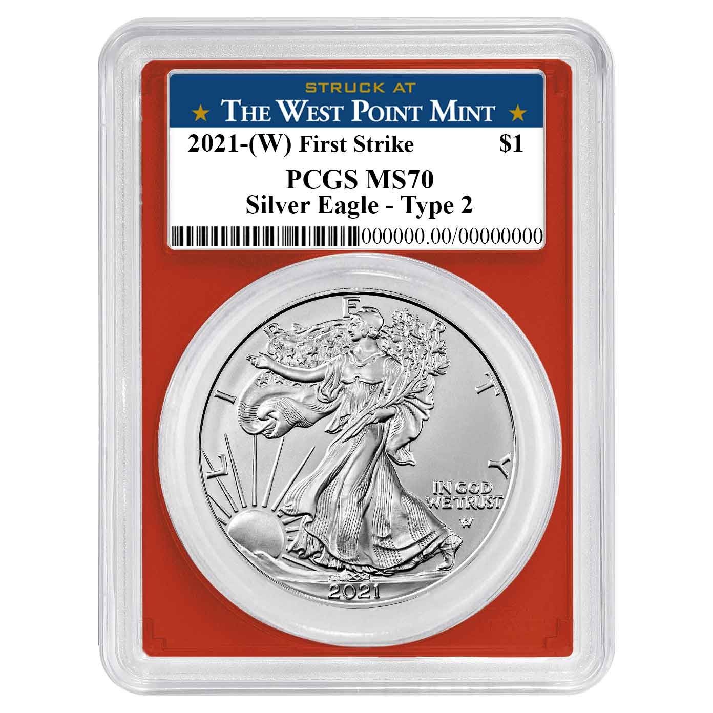 2021 W 1 Type 2 American Silver Eagle PCGS MS 70 FS West Point Label Red Frame